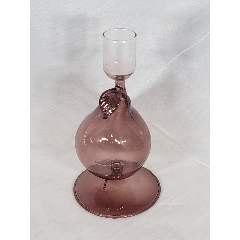 Anthropologie Glass Harvest Fruit Pear Taper Candle Holder Fruit Leaf 6.25"